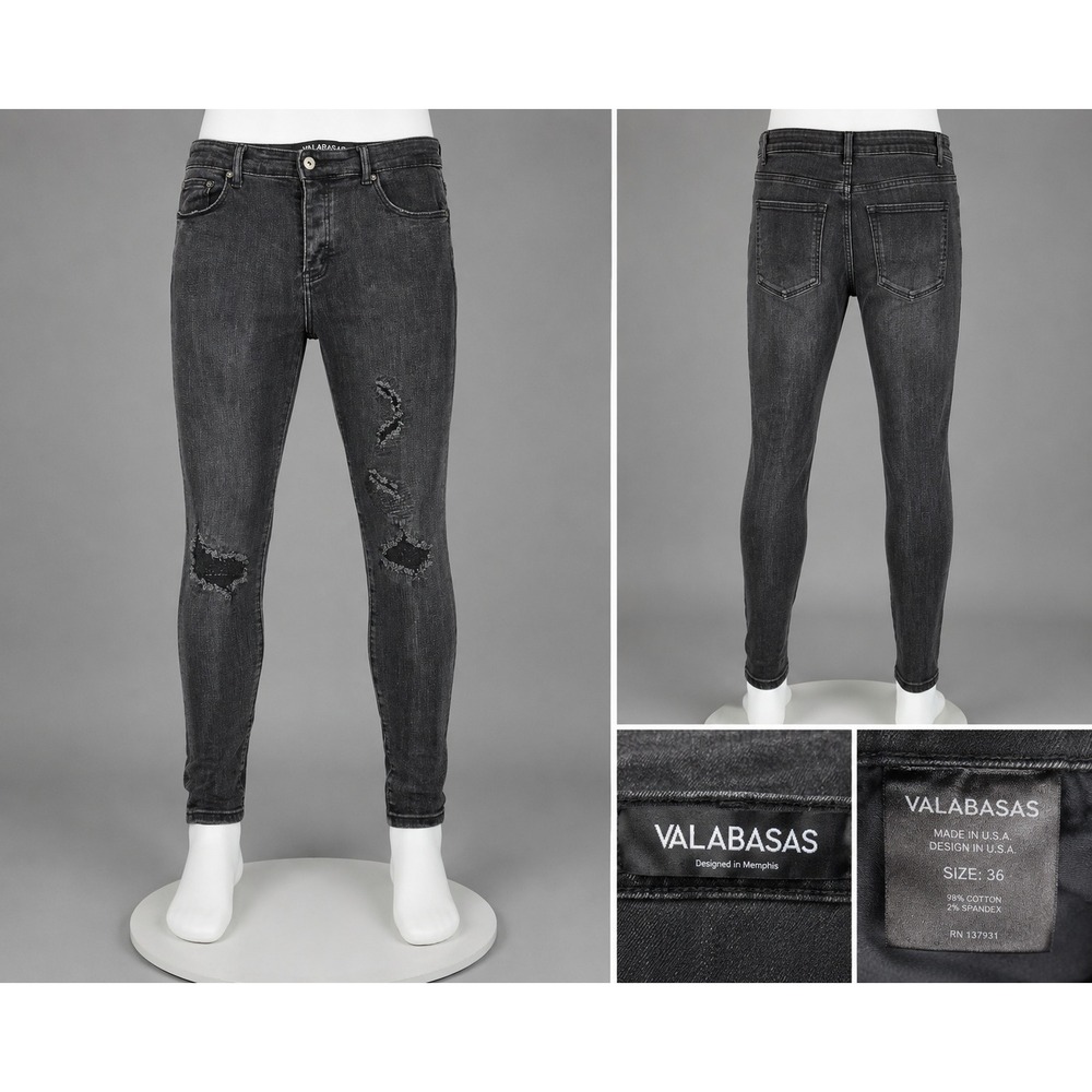 Valabasas Skinny Jeans Mens 36 Black Excellent Distressed Ripped Button Fly